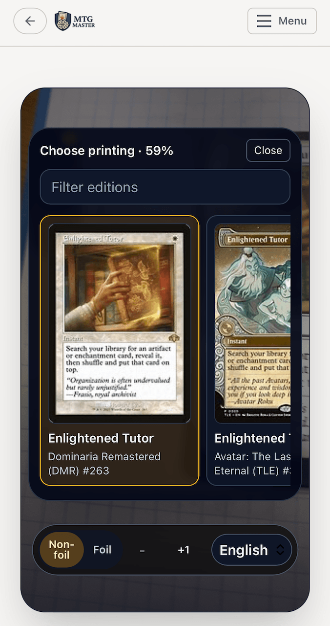 Modal de elegir impresión del escáner de MTG Master con varias impresiones de Enlightened Tutor y campo para filtrar ediciones