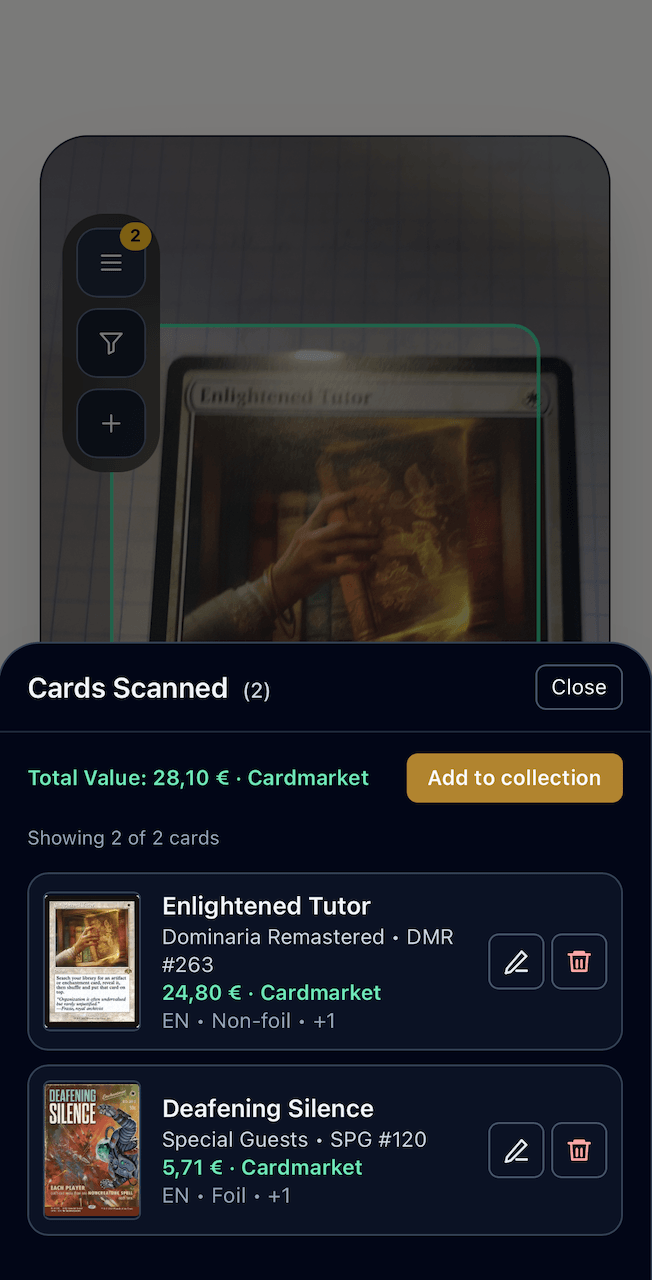 Sesión de cartas escaneadas en MTG Master mostrando valor total de Cardmarket y cartas listas para editar, eliminar o añadir a la colección