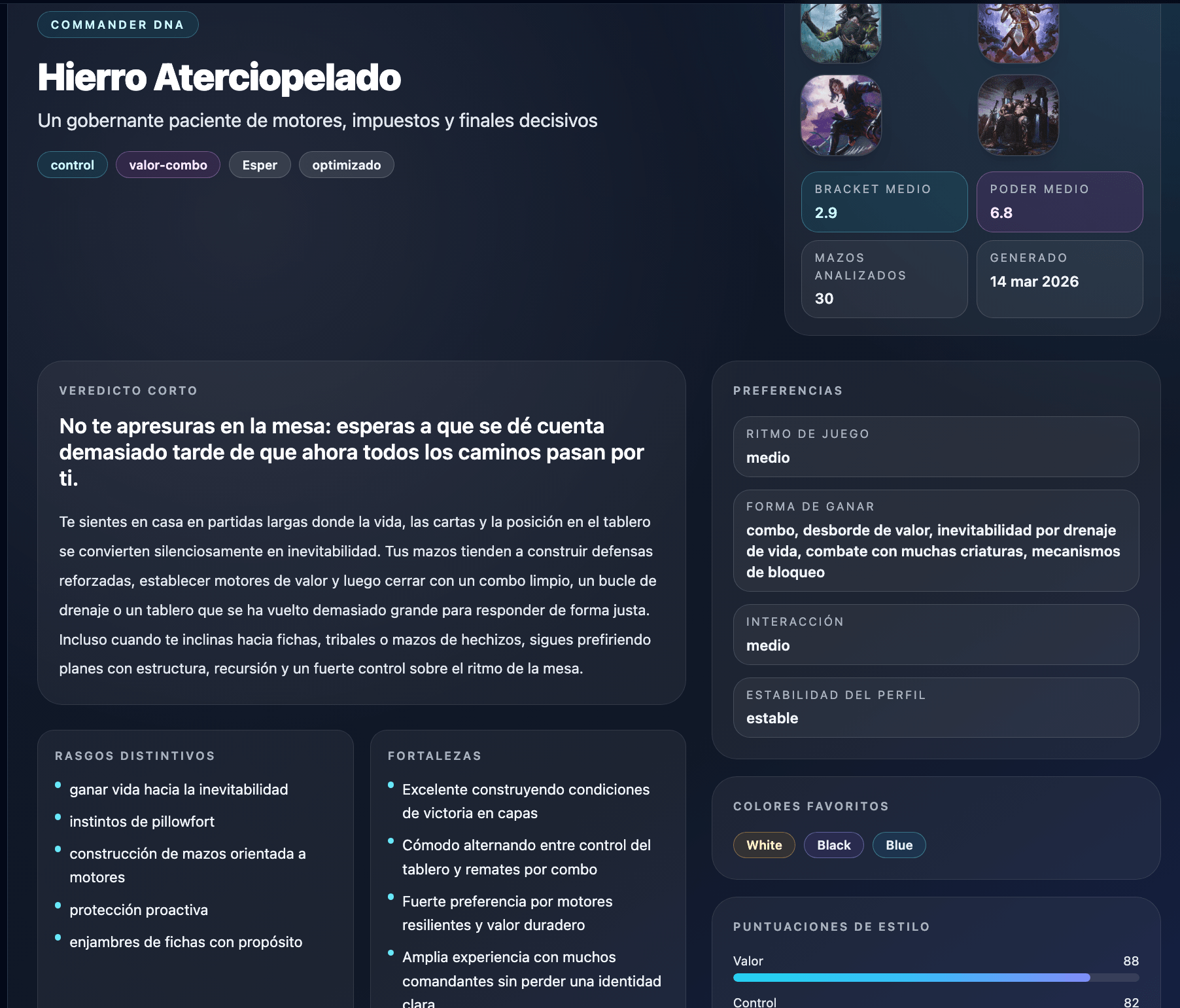 Ejemplo de página compartible de Perfil de Commander