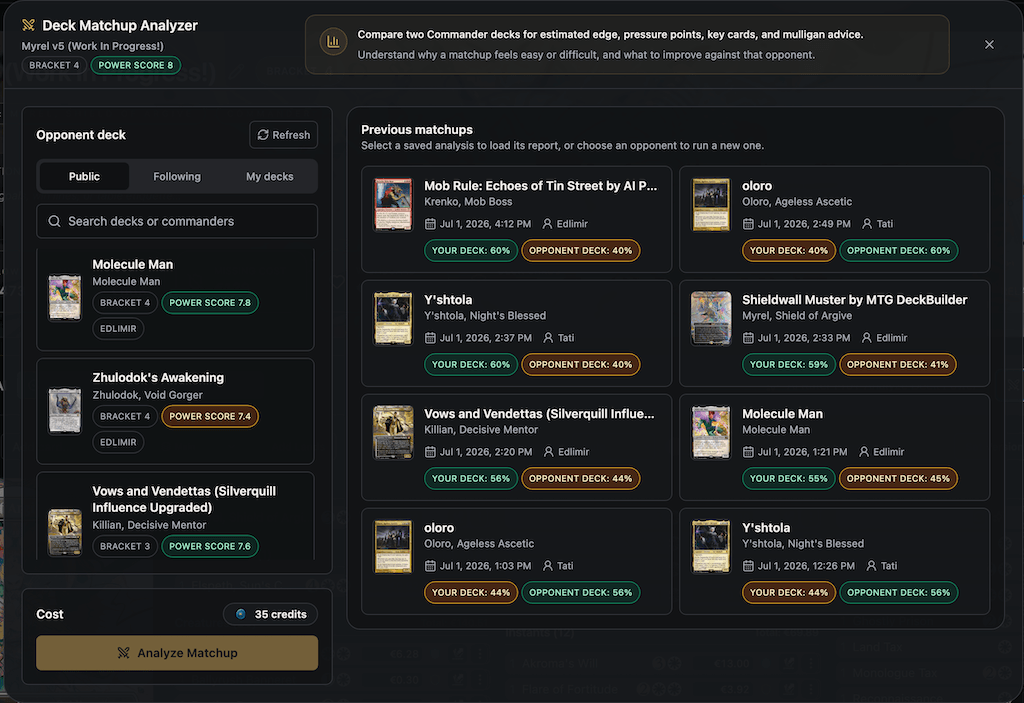 Selector de rival e historial guardado del Analizador de Matchups Analizador de Matchups de MTG Master con búsqueda de mazo rival, informes anteriores, etiquetas de ventaja estimada, coste en créditos y botón para analizar matchup