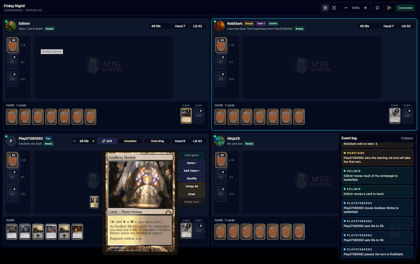 Launch a Remote Table with saved decks, built-in voice, private hands, and a clear shared battlefield