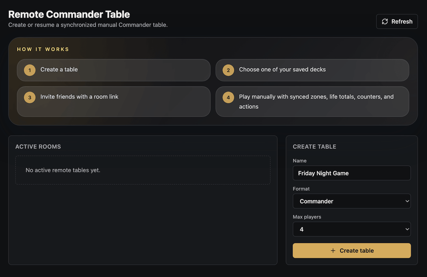 Pantalla de creación de Mesa Remota de Commander en MTG Master con flujo de configuración y formulario para crear mesa